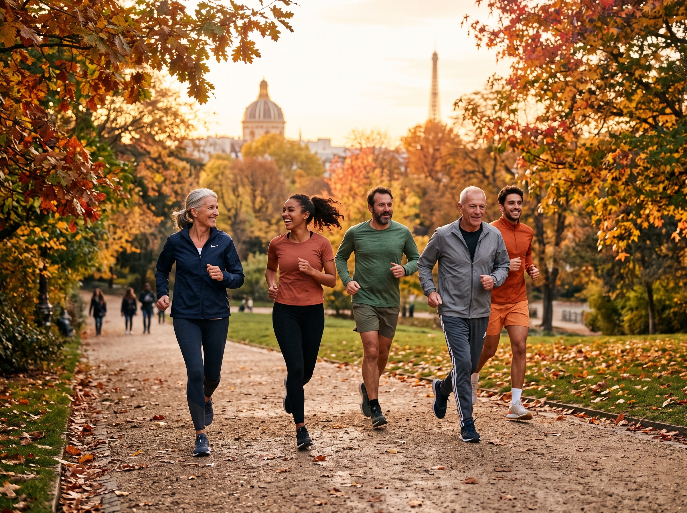 Coureurs de tous âges s'entraînant ensemble dans un parc en France