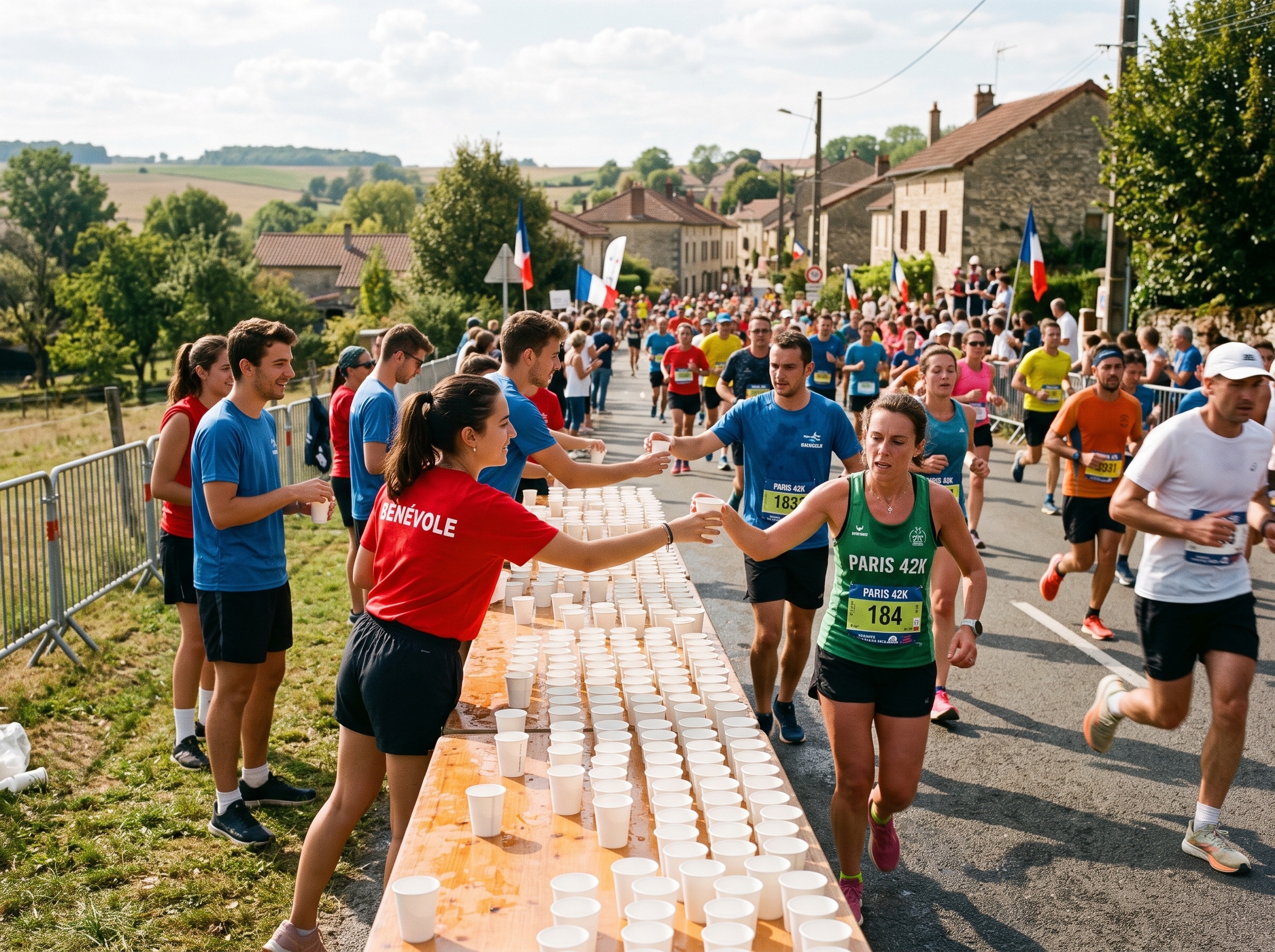 Poste de ravitaillement en eau lors d'un marathon en France