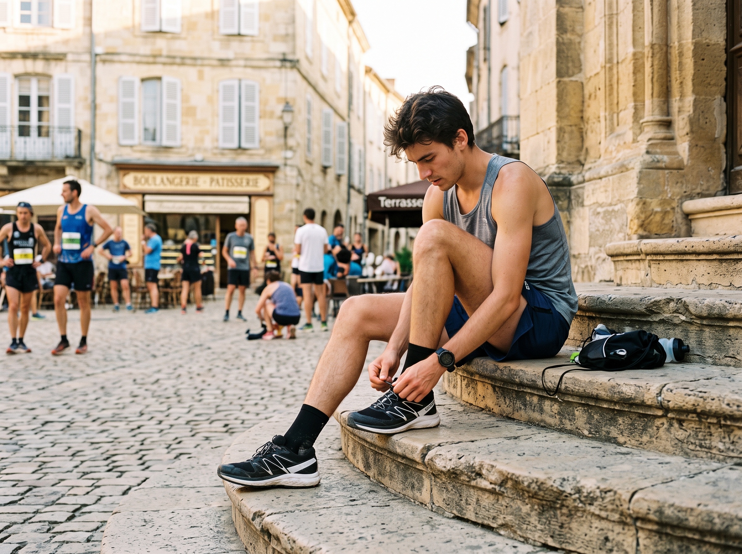 Coureur nouant ses lacets avant le départ d'une course