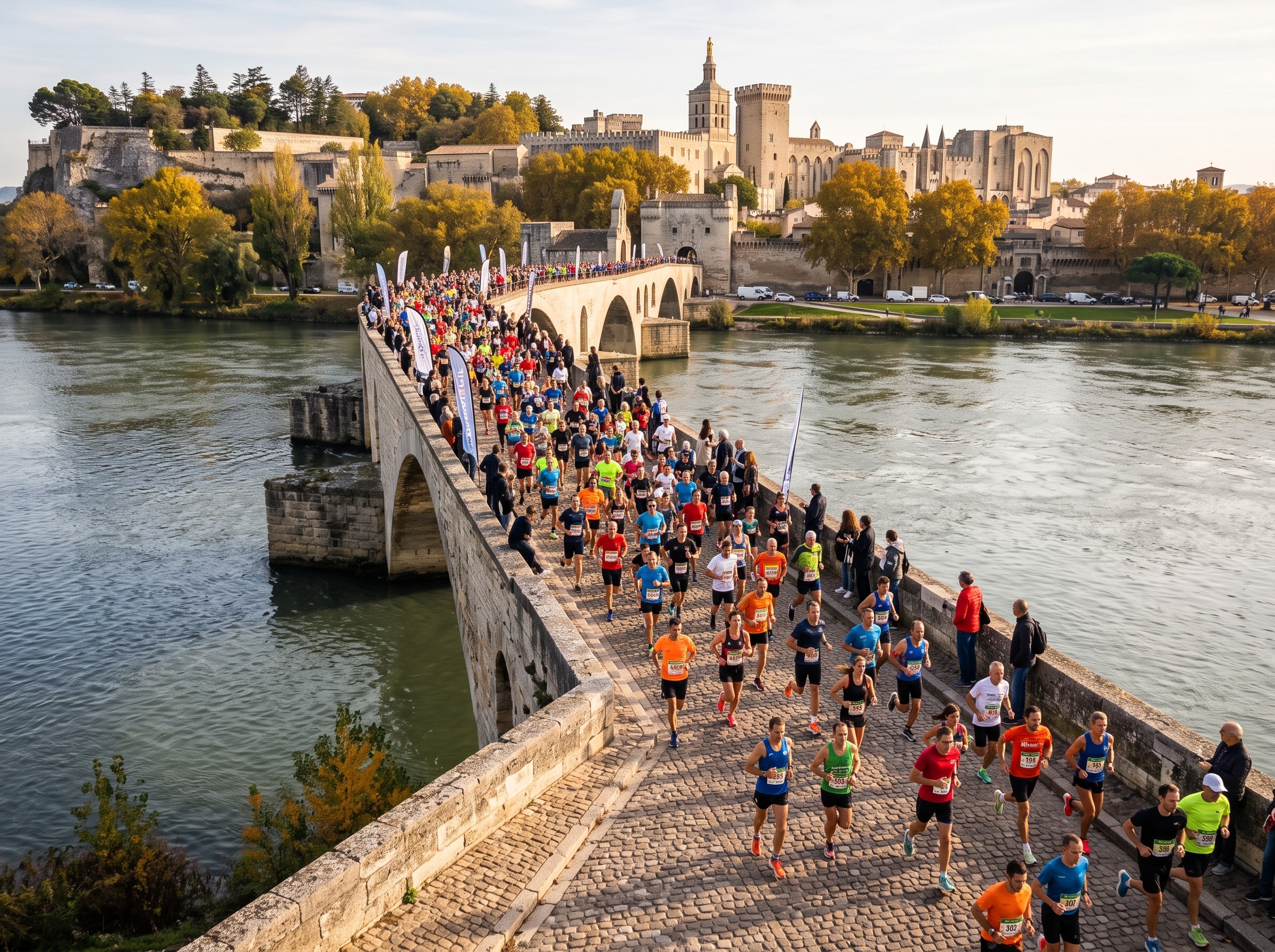 Des centaines de coureurs traversant un pont historique en France