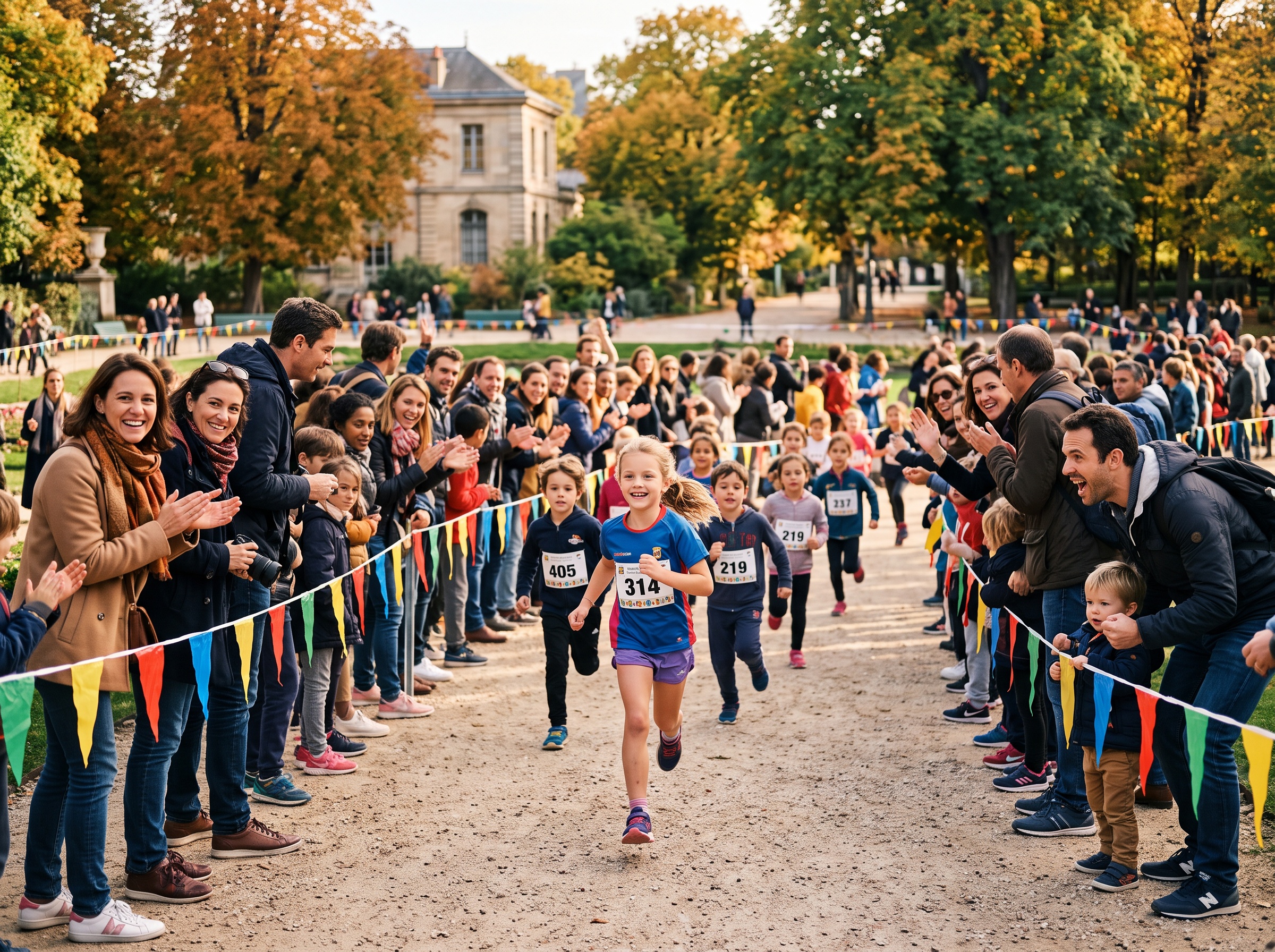 Bénévoles encadrant une course en famille en France