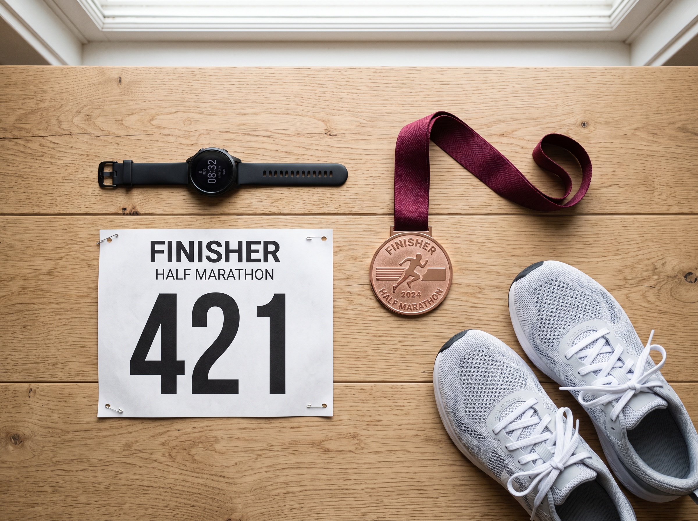 Dossard, chronomètre et médaille pour une course à pied en France