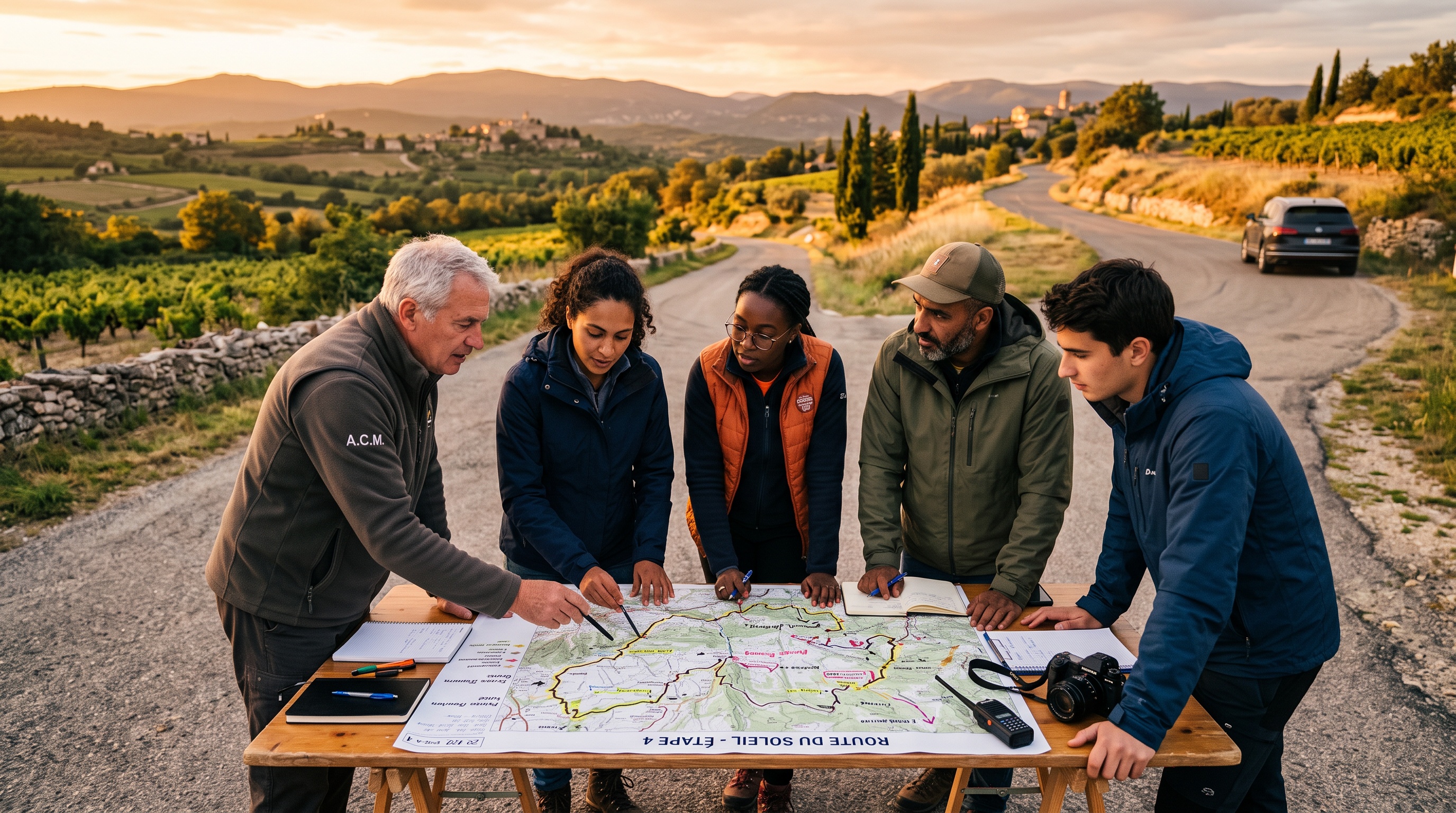 Équipe Ballon Rose préparant le parcours d'une course en France