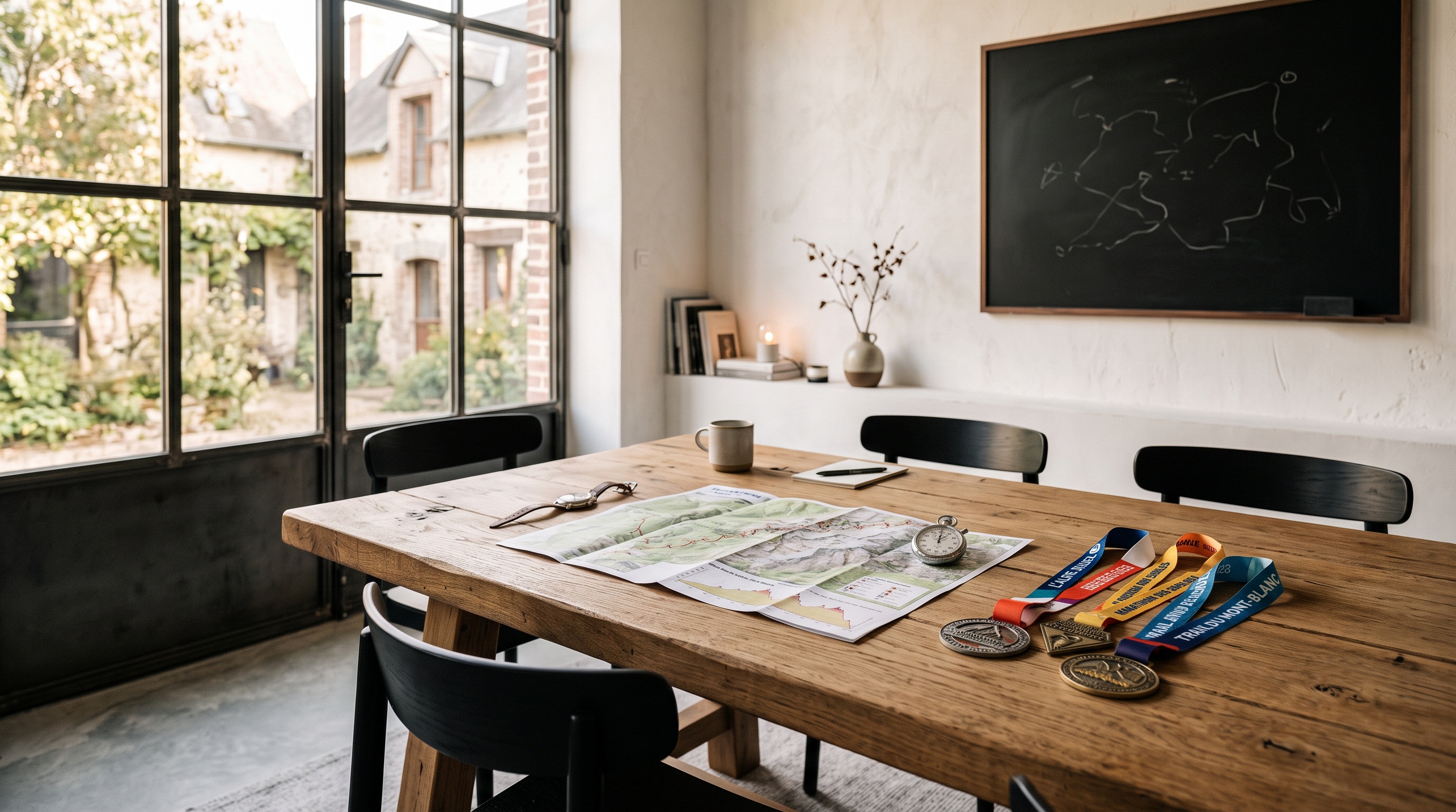 Bureau de l'agence Ballon Rose avec cartes de parcours et matériel de course