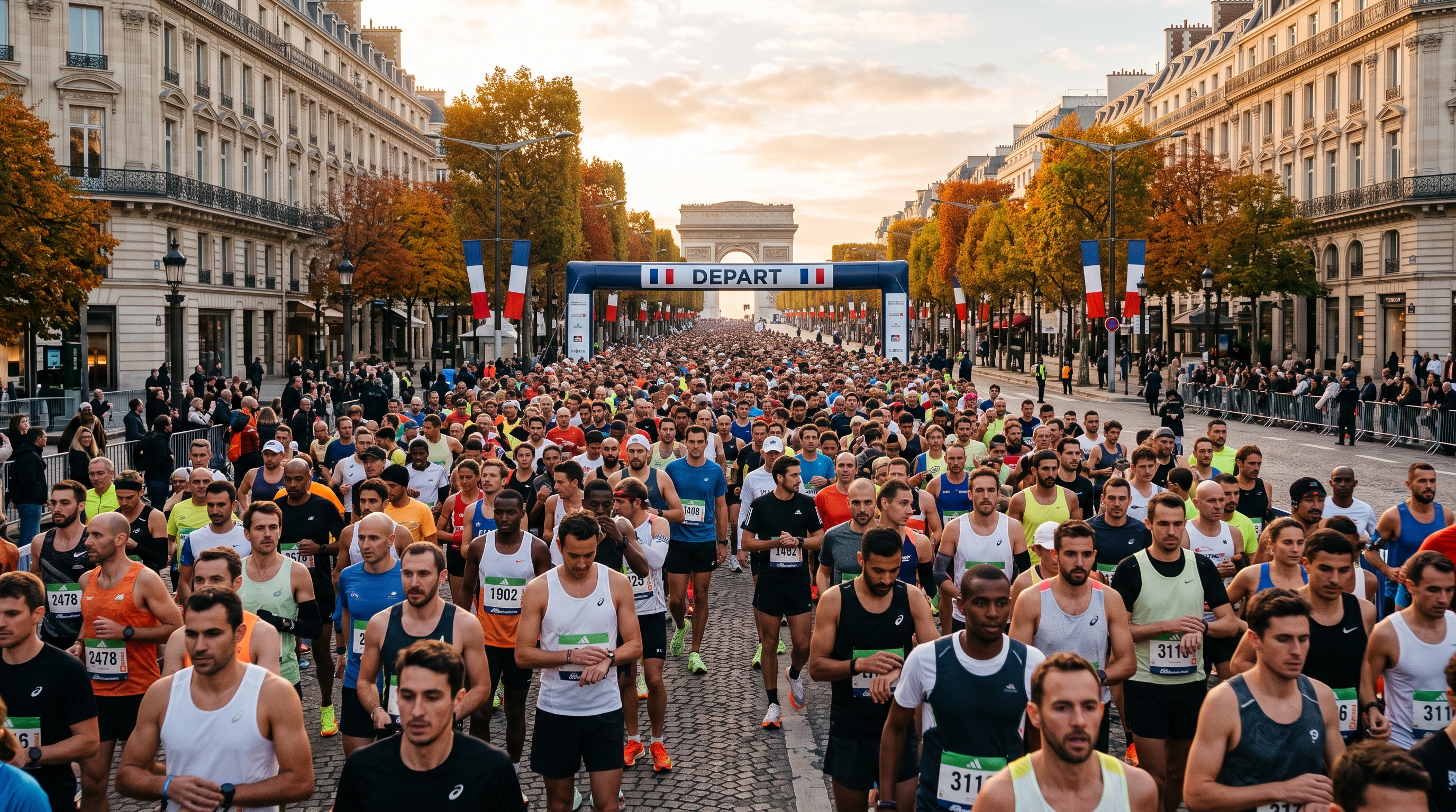 Départ d'une course urbaine en France au lever du soleil