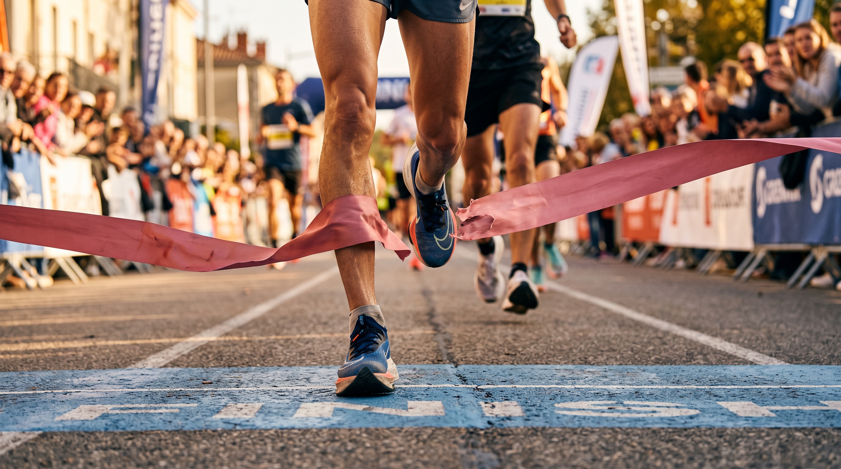 Gros plan sur des coureurs franchissant la ligne d'arrivée d'un marathon en France